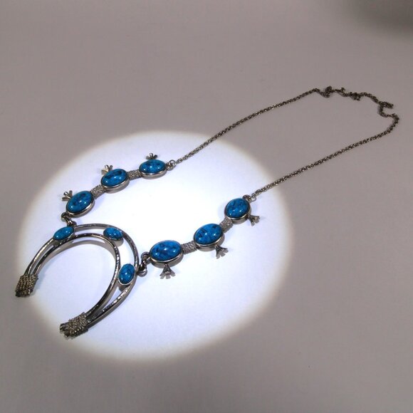 Vintage Faux Turquoise Squash Blossom Silver Tone Necklace - Picture 4 of 8